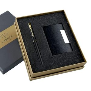 Parker Gift Set Frontier Matte Black Gold Trim Roller Ball Pen With Card Holder | 1 Pen + 1 Card Holder| Ink Color – Blue | Perfect For Employees | Unique Gifts For Entrepreneurs